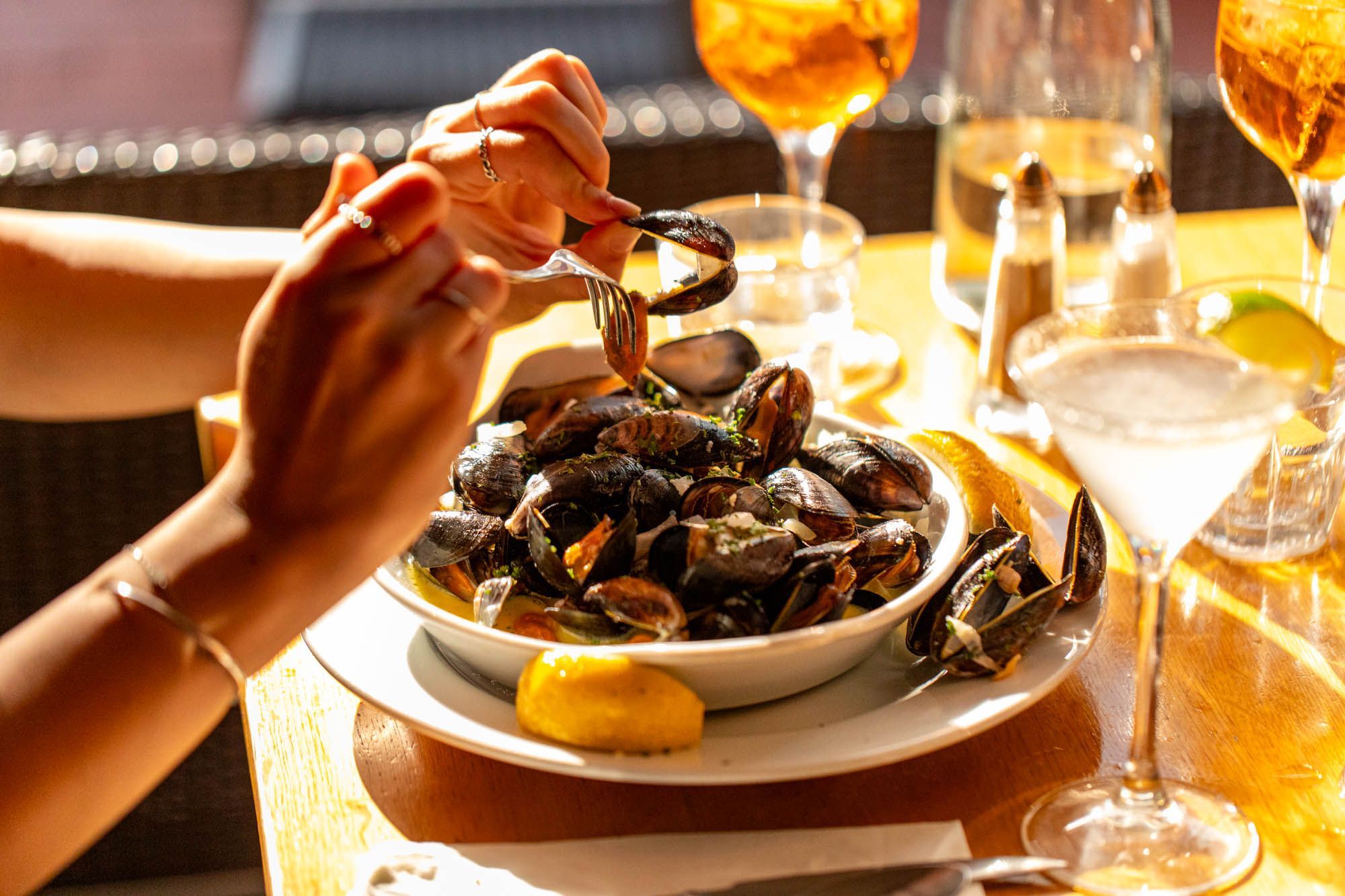 person eating mussels dish served in white plate and with glass of wine at Donatello Brighton