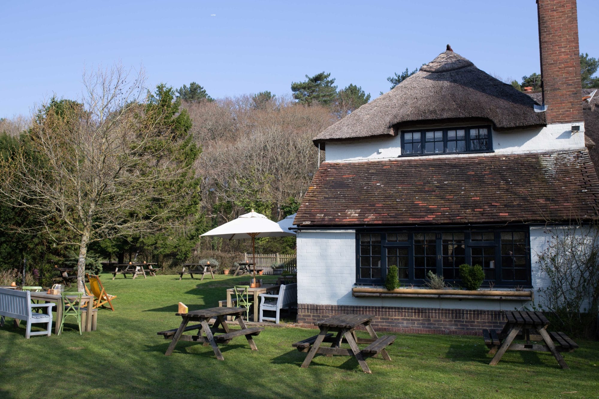 The Ginger Fox Garden in Albourne, Sussex. Pictured a thatched Sussex restaurant with a white facade. Green grounds surrounding. Beer garden on view.