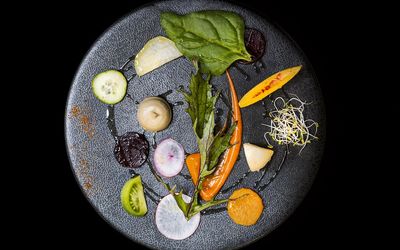 Overhead shot of a plate of food at the Little Fish Market in Hove. Fine Dining Brighton