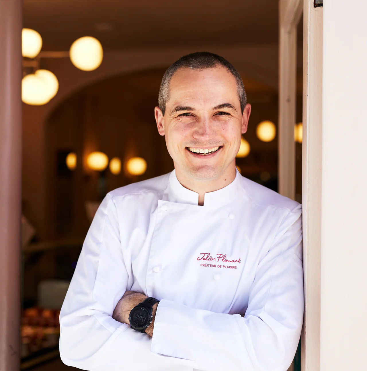 French pastry chef, ward winning, Julian Plumart standing in doorway