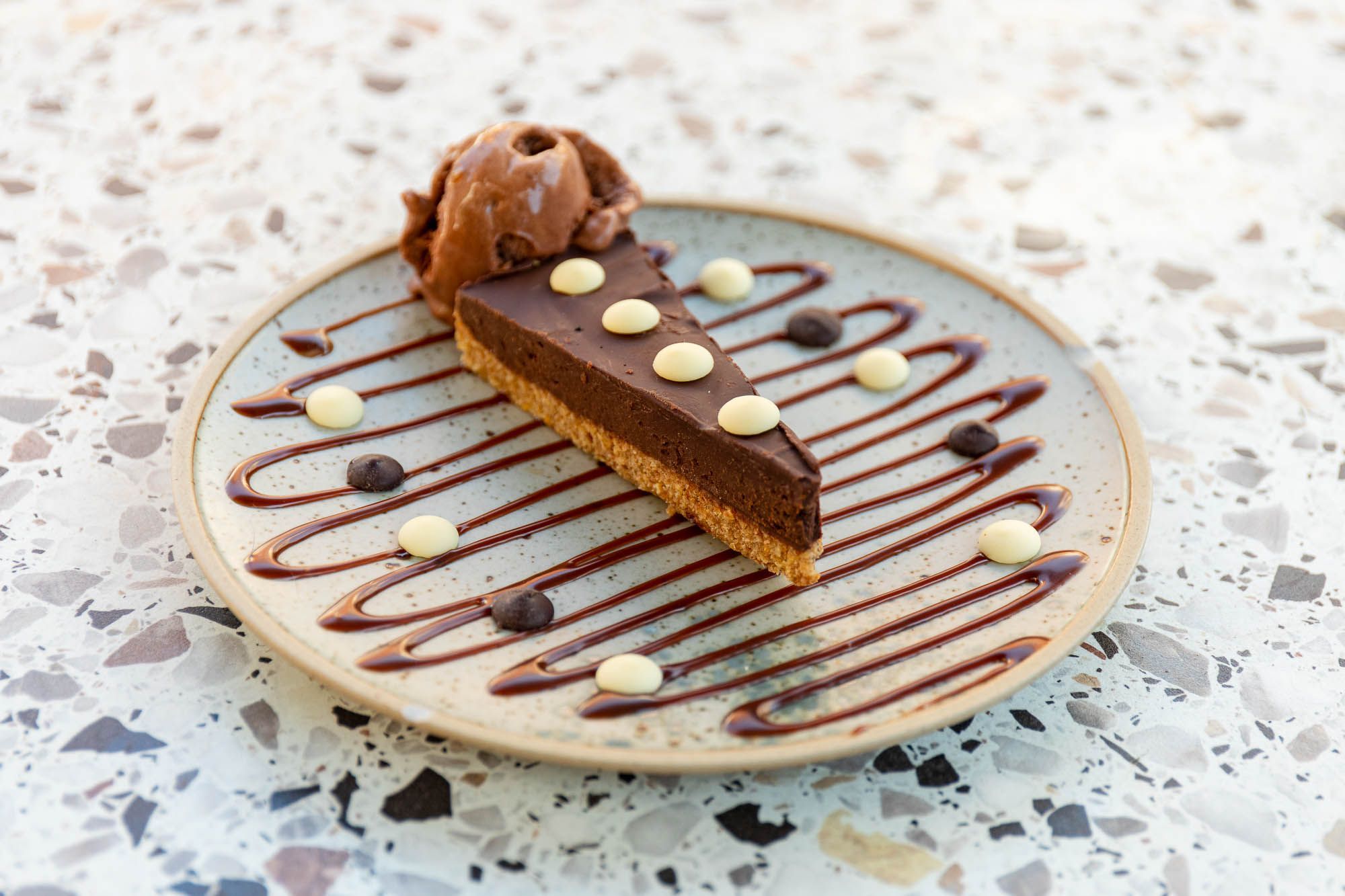 chocolate dessert with ball of ice cream