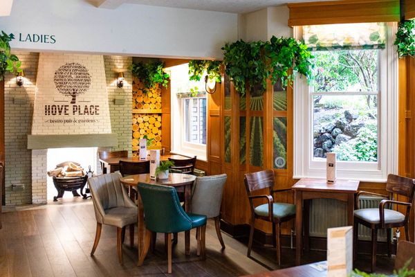 Interior of the hove place pub which includes fireplace, couple of brown tables and different colored chairs, plants on the wall and cosy lights