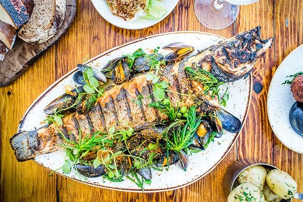 Fish and seafood restaurants in Brighton, Sea bass at The Salt Room. Grilled fish with samphire and mussels presented on a white plate on a wooden table. Fish restaurant Brighton. Seafood restaurant Brighton