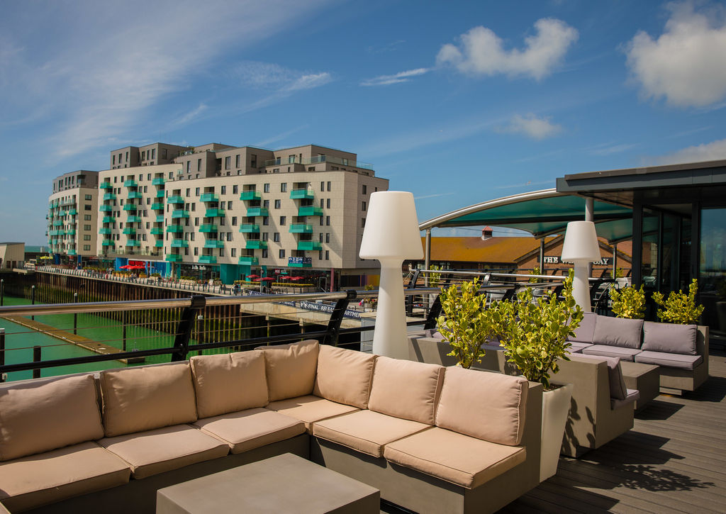 shot of the beautiful terrace of the Malamaison hotel at Brighton Marina. Boutique Hotels Brighton. Part of our Sussex restaurants guide