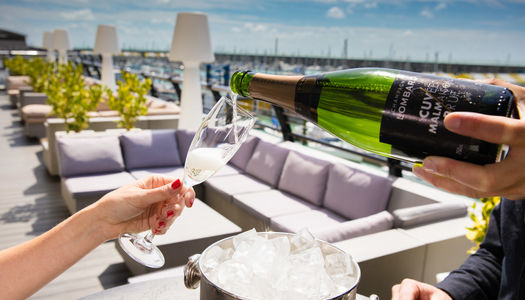 person sipping champagne on the terrace of the Malmaison hotel. Brighton marina restaurants with views over the sea and the harbour.