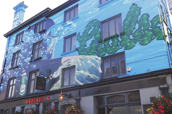 A four story pub painted with a blue mural and a sign saying The Hobgoblin Brighton