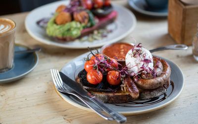 side photo of brunch dishes at the trading post cafe. Brighton brunch award