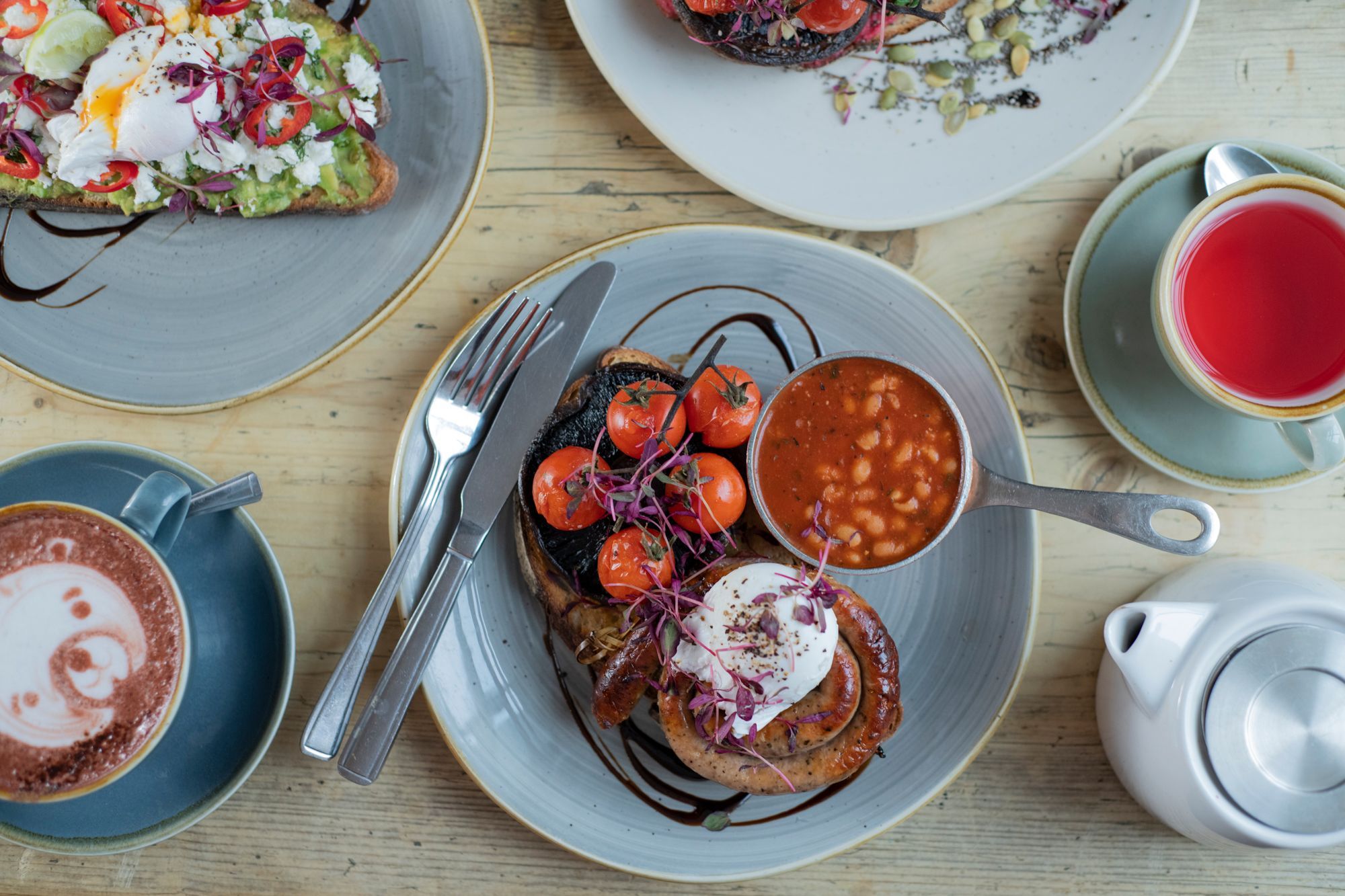 over head photo of breakfast served at the table