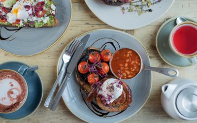 over head photo of breakfast served at the table