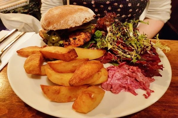 cajun chicken burger and chips at the plough inn
