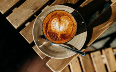 Trading Post Coffee over head shot of the flat white coffee served on wooden table at Trading Post Coffee