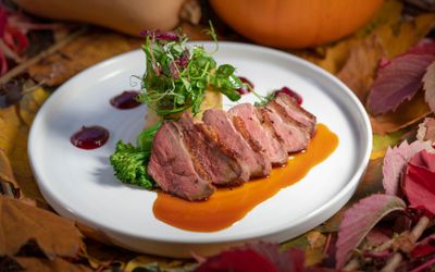 DUCK BREAST, CELERIAC DAUPHINOISE, BROCCOLI STEMS, BEETROOT PURÉE, BLOOD ORANGE SAUCE. Picture taken at Petit Pois French restaurant in Brighton's Lanes. Part of our places to eat in Brighton round up. Fine Dining Brighton