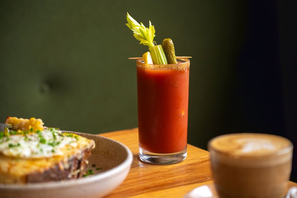 Bloody Mary served on the wooden table