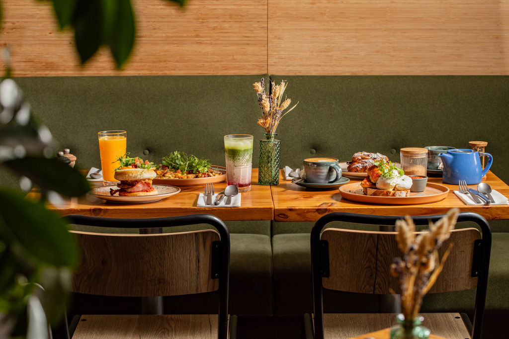 side shot of the table laid out with brunch at Mange Tout