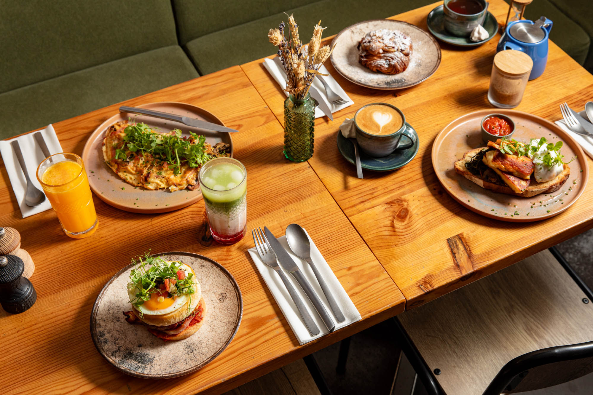 over head shot of the table laid out with brunch dishes at Mange Tout