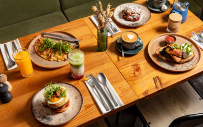 over head shot of the table laid out with brunch dishes at Mange Tout