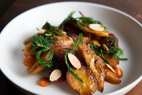 Pan roasted chorizo, new potatoes, orange braised fennel, romesco, almonds, samphire.
