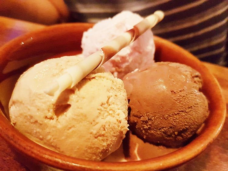 A trio of flavoured ice cream for dessert at The Plough Inn