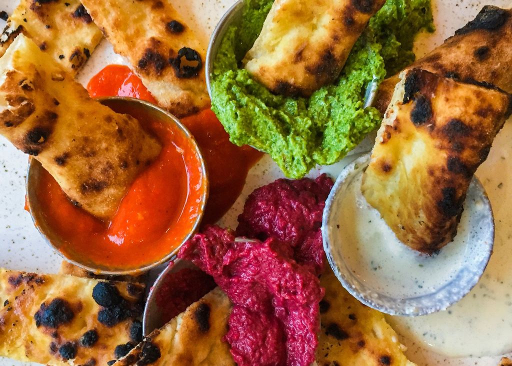 colourful dips and pizza dough