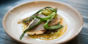 Trout with charred spring onion and sauce. Served on a stone coloured ceramic plate.