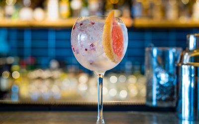 A large Gin & Tonic in a round glass with pink peppercorns and a slice of grapefruit.