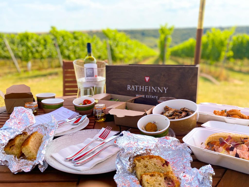 A table full of food overlooking a vineyard