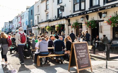 outdoor seating populated with people at the Dorset. North Laine Brighton