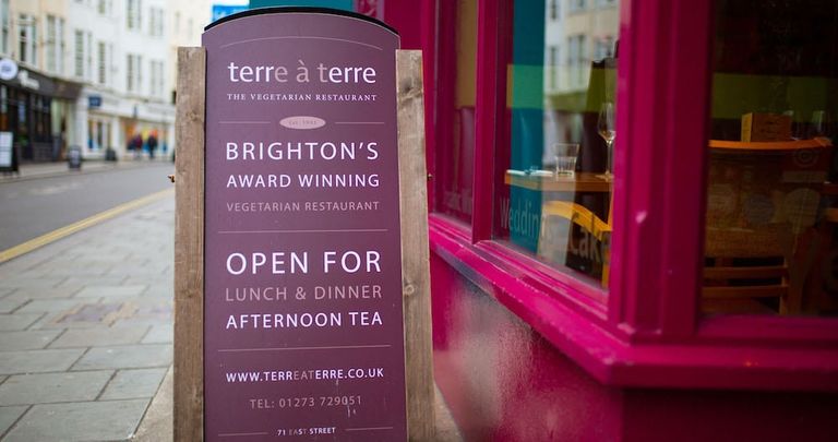 Terre a terre sandwich board advertising Afternoon tea and vegetarian food