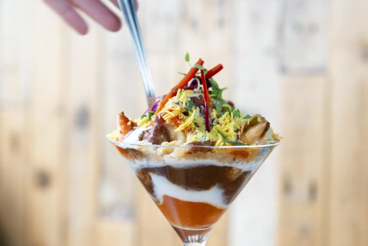 samosa chaat in a cocktail glass