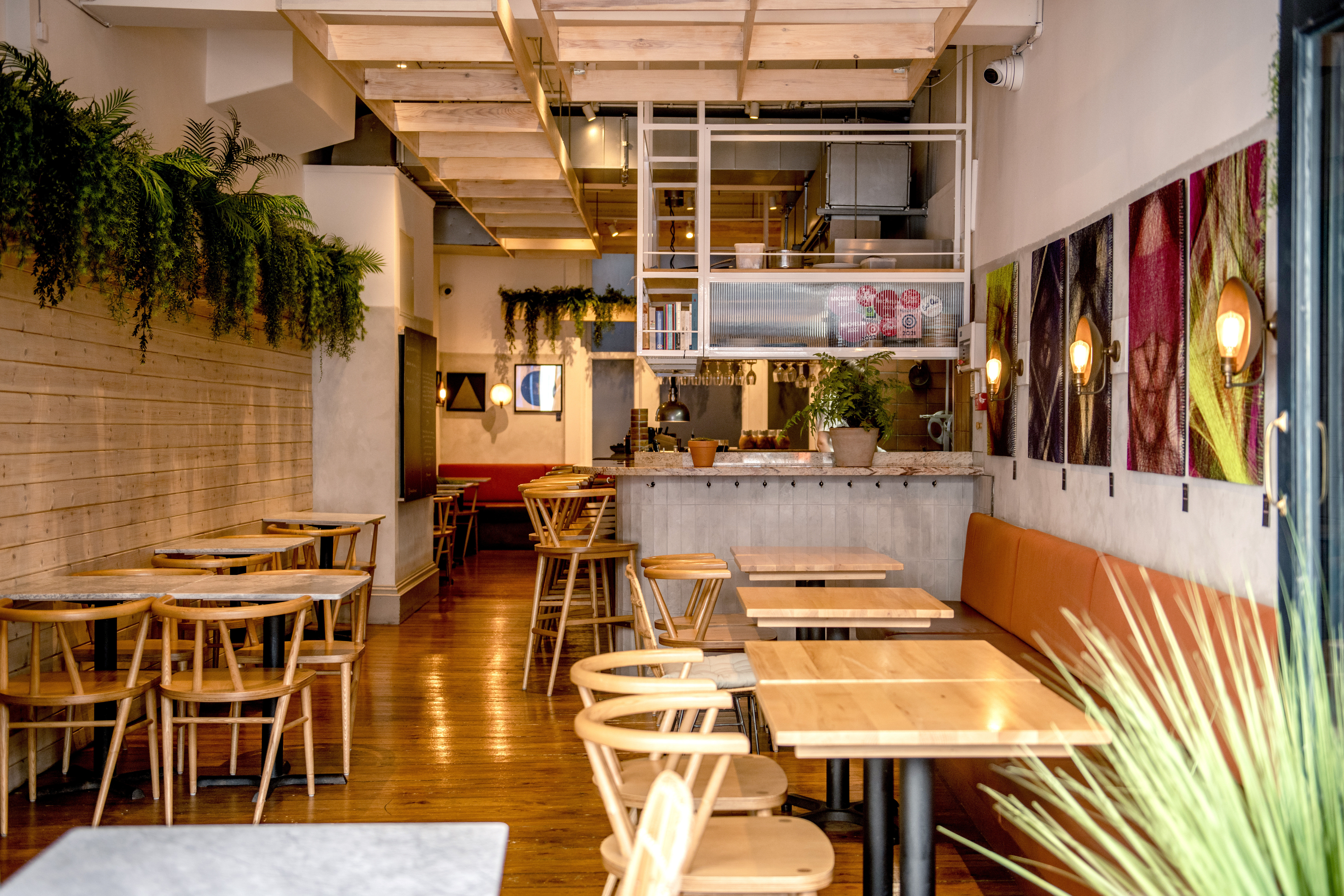 Kindling restaurant, interior shot with open kitchen and scandi style