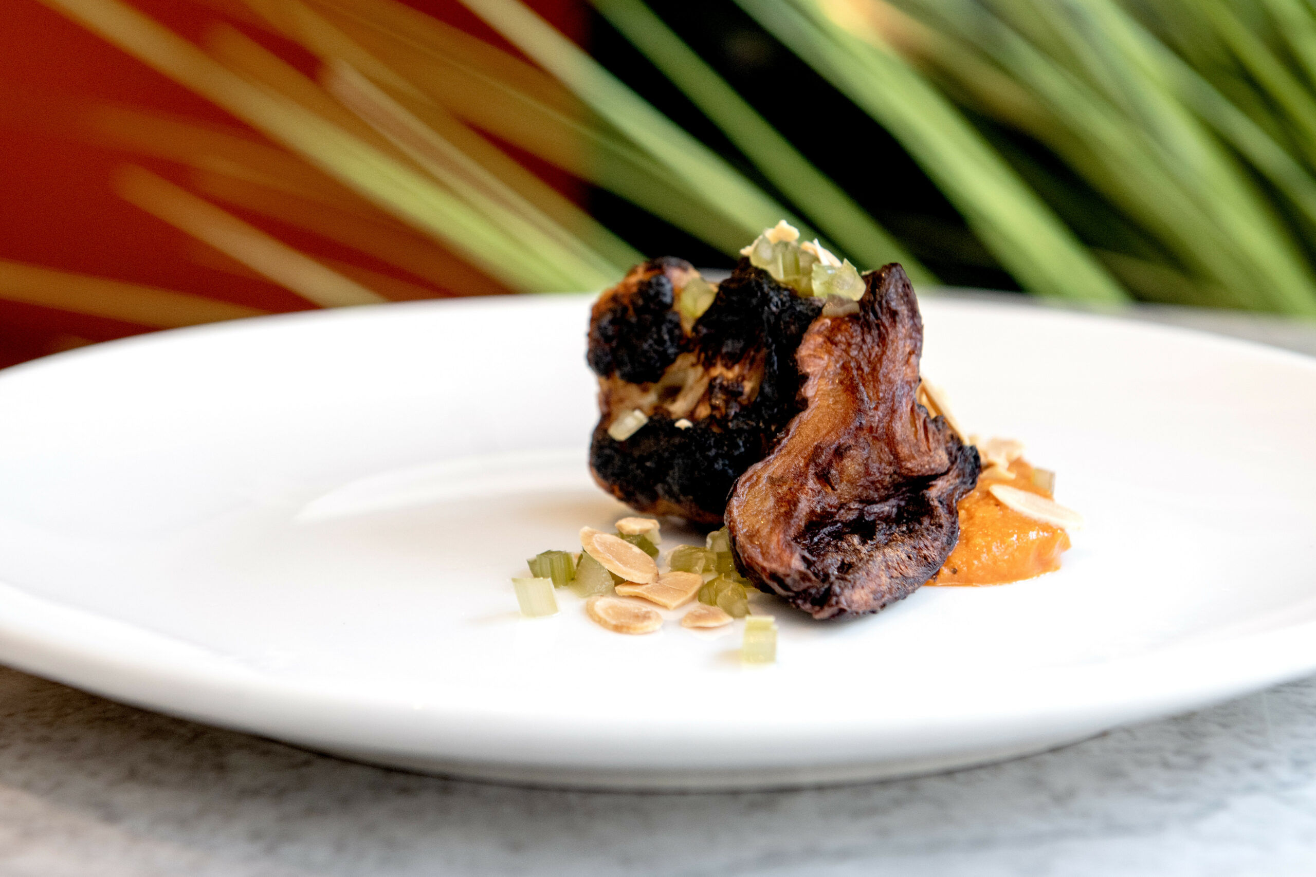 meat dish served on the white round table with the plant background at Kindling restaurant in Brighton 