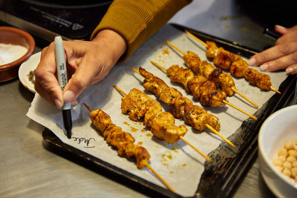 over head shot of the meat on the stickes