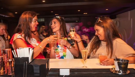People at a party stood at the bar toasting their drinks. On an organised Hen Party Night out in Brighton