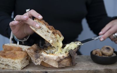 A whole baked camembert and focaccia being served