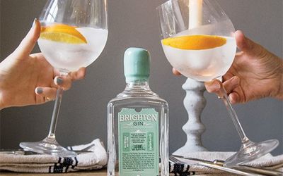 Toasting with a gin & tonic garnished with fresh orange and Brighton Gin bottle in the centre.