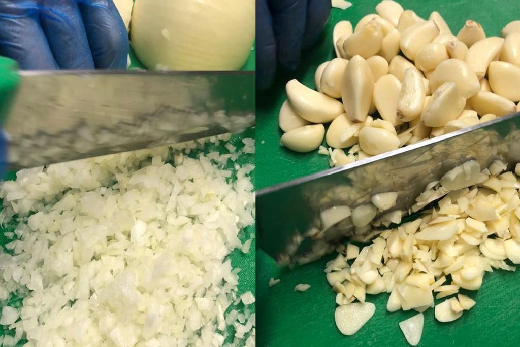 chopping onion and garlic