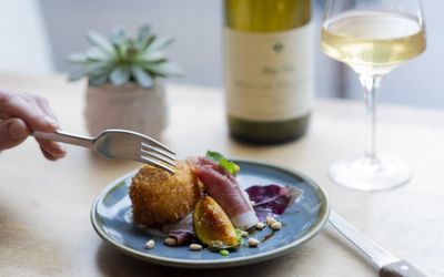 Starter plate of arancini with a slice of fig and a bottle of white wine in the background with a potted plant.
