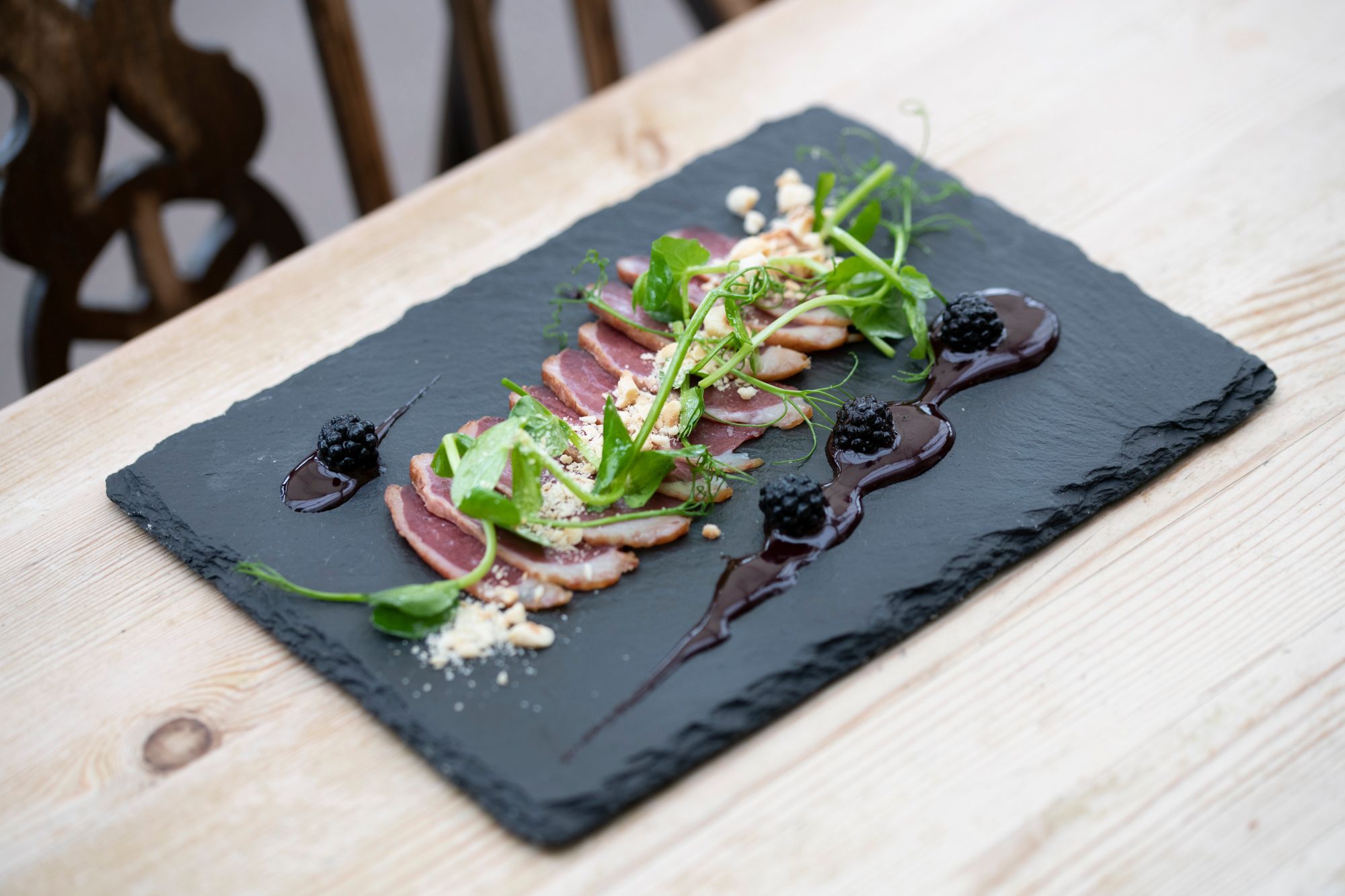 Local smoked duck breast, local blackberries, toasted hazelnuts, pea shoots