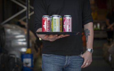 Cans of colourful craft beers served on a tray