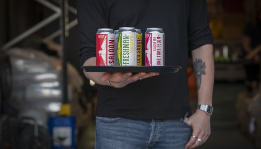 Cans of colourful craft beers served on a tray