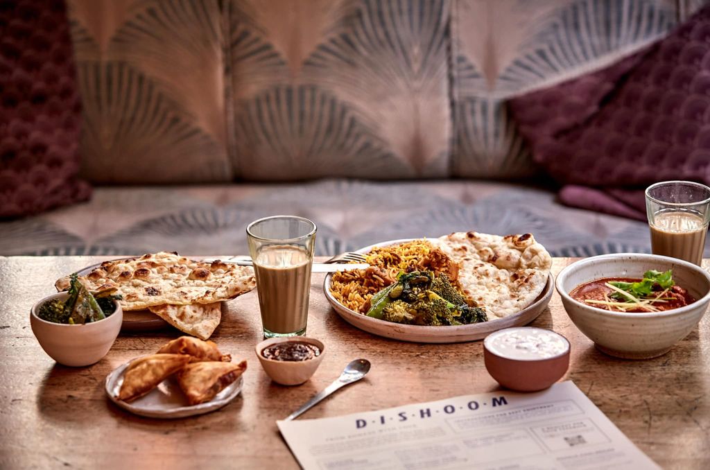 A table laid with food and chia