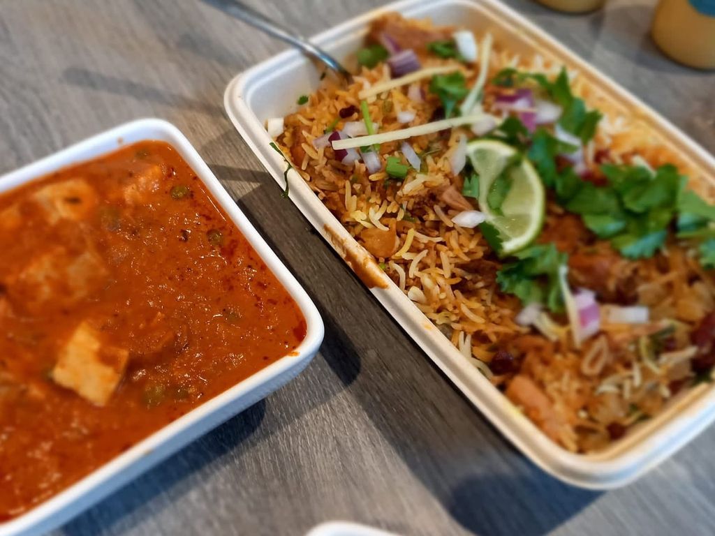 biryani close up in a takeaway container