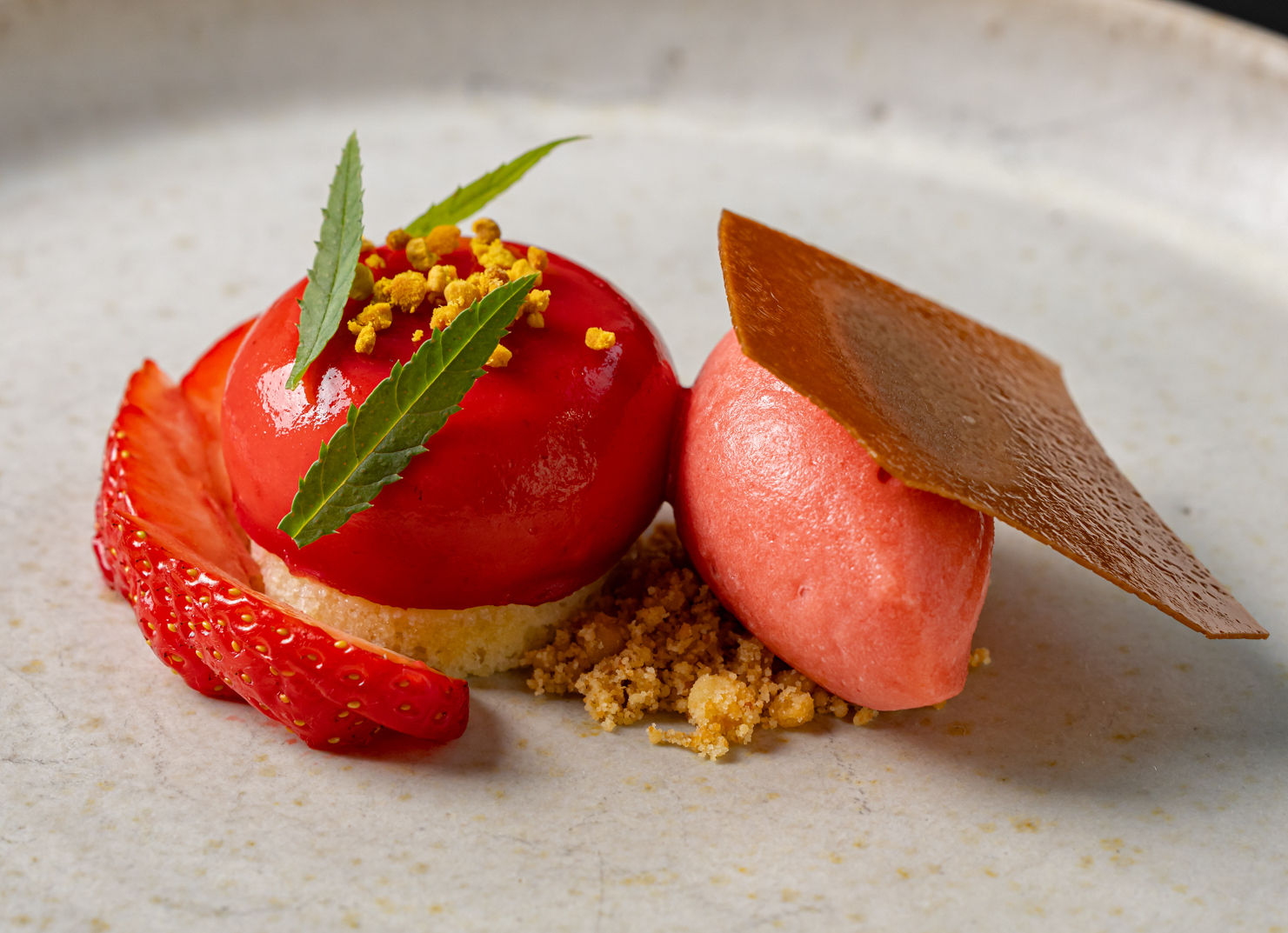 close up of a beautifully crafted dessert by Steven Edwards, Vibrant strawberry sorbet and ice cream with green garnish