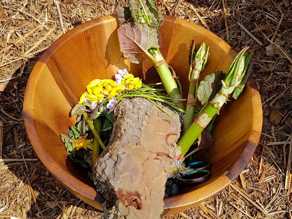 A wooden bowl containing foraged ingredients from Leonardslee gardens