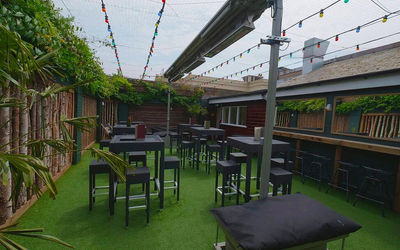 Roof garden at The Mesmerist with lights and seating.