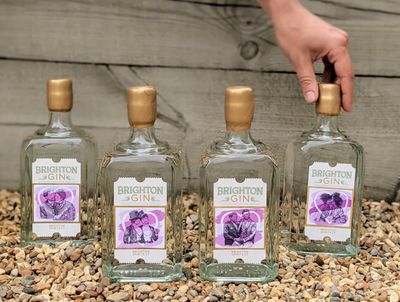 Four bottles of Brighton Gin with purple labels depicting LGBTQ figures are lined up on a pebbly beach, a hand reaches down to take one bottle