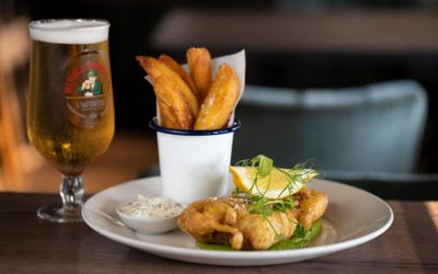 fish and chips with glass of cold beer