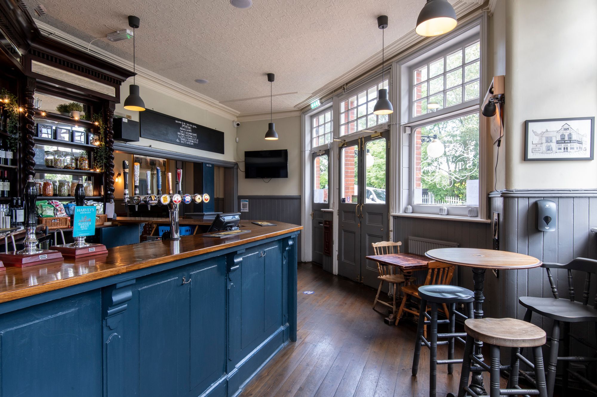 inside the station hotel, blue bar area