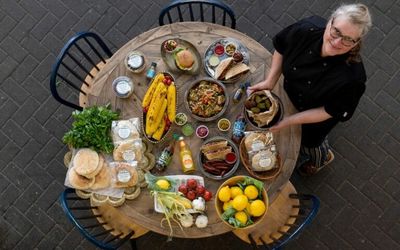 Table of vegan food at Smorls in Brighton's Open Market. Vegan Restaurants Brighton