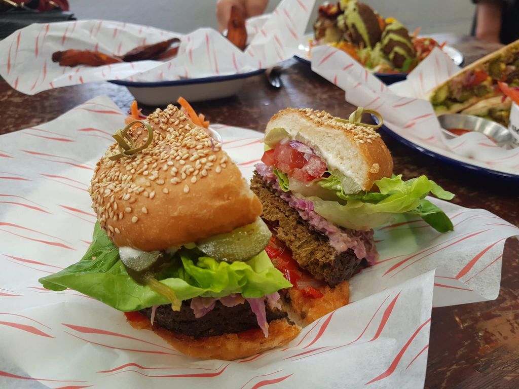 A vegan burger cut in half